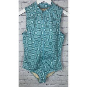 CABANA LIFE Sz Small Sleeveless Floral UniSuit Swimsuit Surf Suit Aqua Zip Front